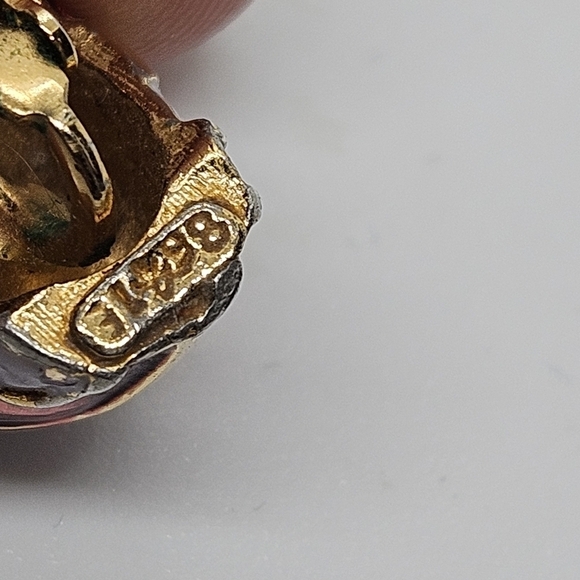 gold tone clip on earrings with red and purple enamel - Picture 3 of 5